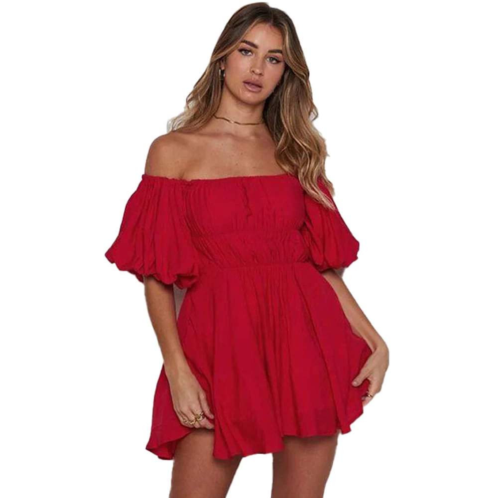 Women Puff sleeve Dress Solid Color Short Slash neck elastic waist Mini Dress Summer Shirring Female Fashion Casual Vestido
Women Puff sleeve Dress Solid Color Short Slash neck elastic waist Mini Dress Summer Shirring Female Fashion Casual Vestido