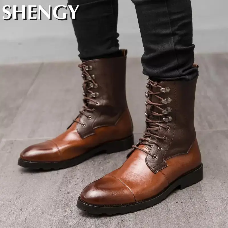 New Men Boots Genuine Leather Autumn Vintage Biker Boots High Top Lace Up Casual Shoes Male Ankle Motorcycle Boots Big Size
New Men Boots Genuine Leather Autumn Vintage Biker Boots High Top Lace Up Casual Shoes Male Ankle Motorcycle Boots Big Size