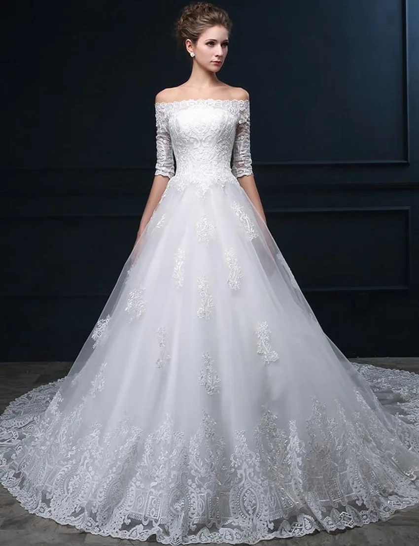 China A Line Romantic Tulle Long Tail Luxury Women Lace Wedding Dresses with Sleeves for Wedding Gowns
China A Line Romantic Tulle Long Tail Luxury Women Lace Wedding Dresses with Sleeves for Wedding Gowns