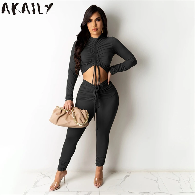 Akaily Summer Ruched Lace Up 2 Two Piece Sets Womens Fitness Outfits Black Long Sleeve Crop Top Stacked Long Pants Sets Female
Akaily Summer Ruched Lace Up 2 Two Piece Sets Womens Fitness Outfits Black Long Sleeve Crop Top Stacked Long Pants Sets Female