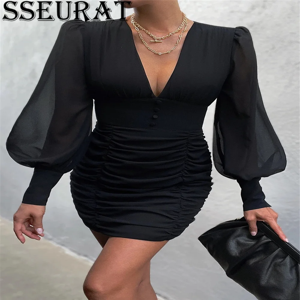 SSEURAT Women Lantern Sleeve Fashion Streetwear Dress Sexy V-Neck Pleated Bodycon Mini Dresses Vestidos
SSEURAT Women Lantern Sleeve Fashion Streetwear Dress Sexy V-Neck Pleated Bodycon Mini Dresses Vestidos