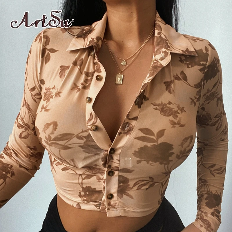 ArtsuFairy Blusas Винтажная футболка с цветочным принтом женские кардиганы рубашки