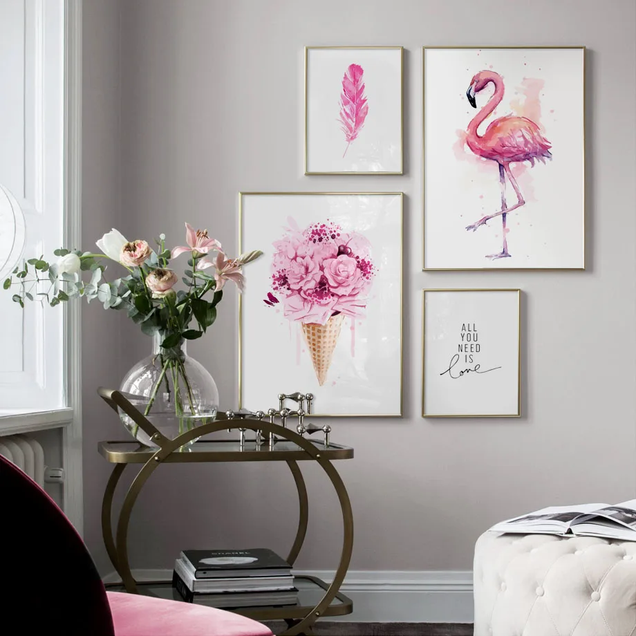 Фото Розовый фламинго цветок мороженое любовь искусственное полотно картина в
