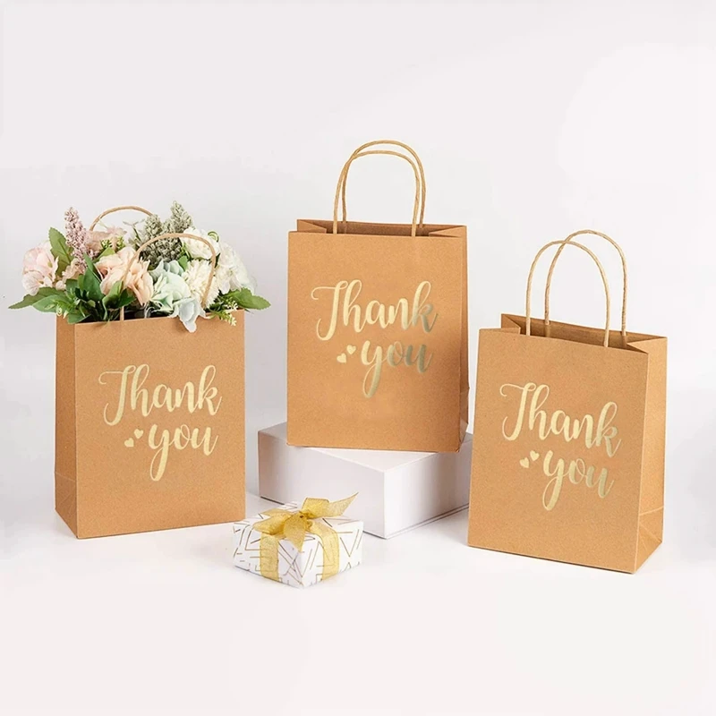 

12Pcs Thank You Kraft Paper Gift Bags Brown Paper Bags with Handles for Birthday Wedding Baby Shower Party Favors Shopping Bag