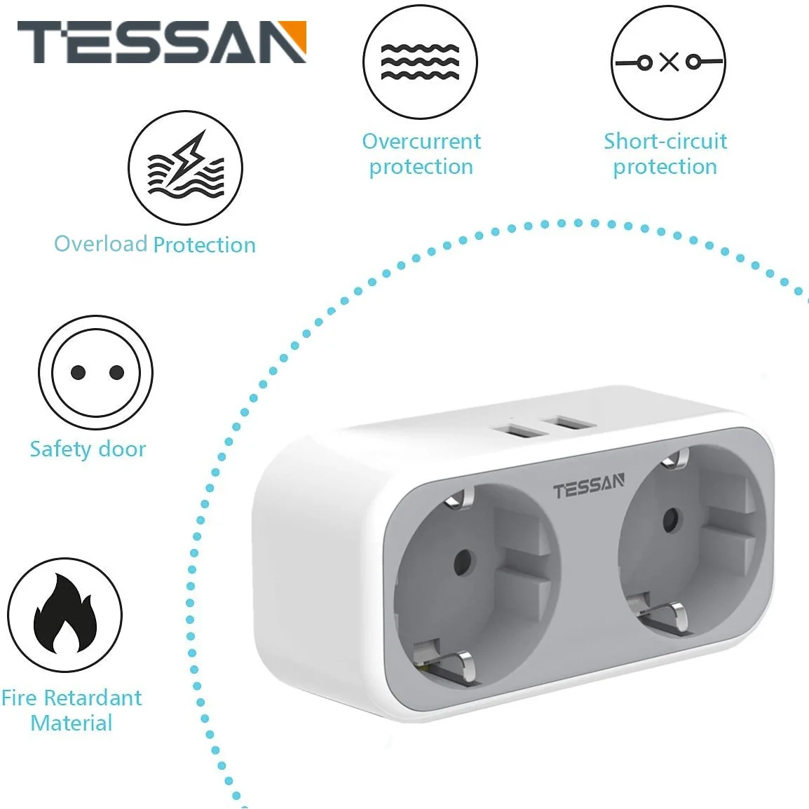 TESSAN Home Travel Power Strip EU Socket with 2 USB Ports 2 AC Outlets EU Plug Overload Protection 4-in-1 Wall Charger Adapter
TESSAN Home Travel Power Strip EU Socket with 2 USB Ports 2 AC Outlets EU Plug Overload Protection 4-in-1 Wall Charger Adapter