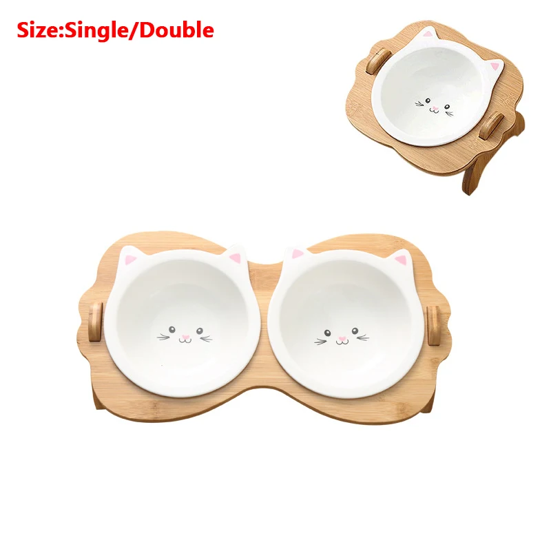 

двойная миска для кошек миска для кошки Деревянная подставка под шею для питомцев, двойная керамическая миска для кошек и собак, с деревянно...