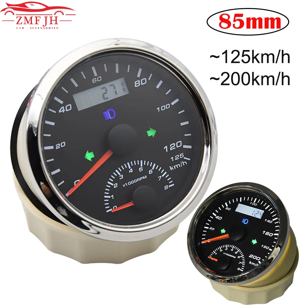

Waterproof 85mm GPS Speedometer 125km/h 200km/h With Tachometer 0-8000RPM Odometer With GPS Antenna Mileage Amber Backlight