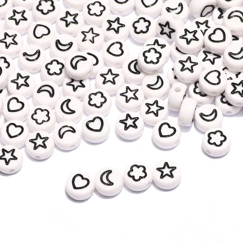 New 4x7mm White Round Acrylic Black Star Heart Flower Moon Pattern Beads Loose Beads For Jewelry Making Diy Handmade Accessories
New 4x7mm White Round Acrylic Black Star Heart Flower Moon Pattern Beads Loose Beads For Jewelry Making Diy Handmade Accessories
