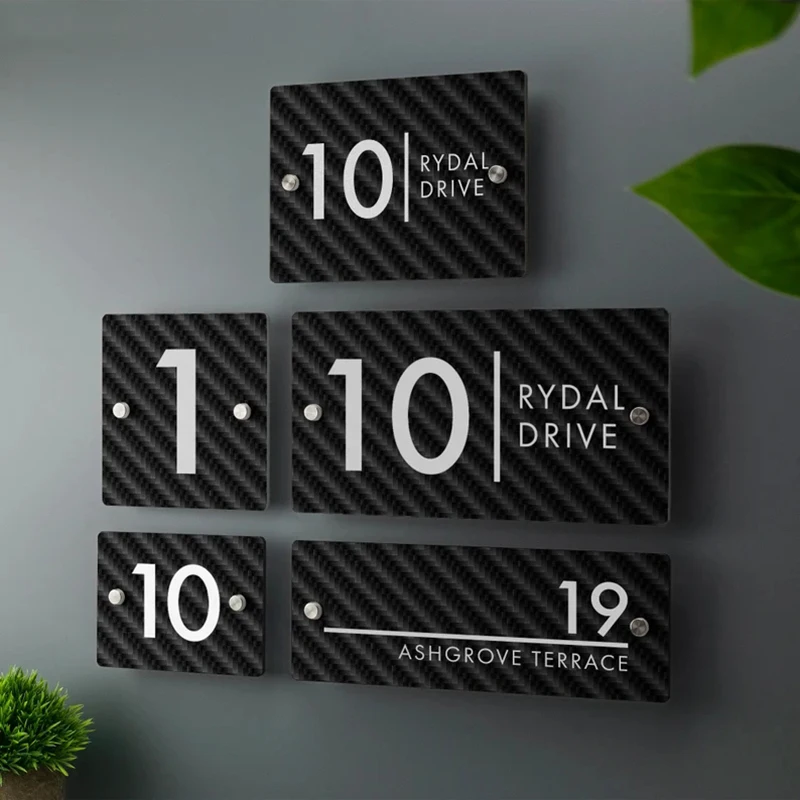 House number plate printed carbon fiber effect address plate - rust effect acrylic - a variety of sizes are available
House number plate printed carbon fiber effect address plate - rust effect acrylic - a variety of sizes are available
