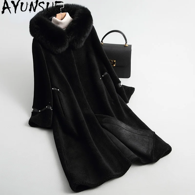 

Женское шерстяное пальто с капюшоном, элегантное пальто из натуральной овечьей шерсти с воротником из лисьего меха, Gxy490, для осени и зимы