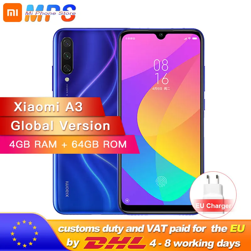 В наличии глобальная версия Xiaomi mi A3 4GB 64GB Смартфон Snapdragon 665 Octa Core 6 088 "экран 48 Мп +