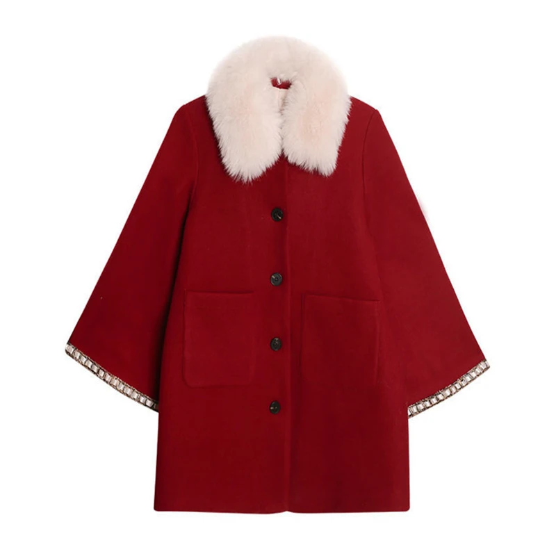 

PERHAPS U Women Woolen Blend Coat Faux Fure Collar Button Pocket Christmas Red Long Sleeve Coat Winter C0268