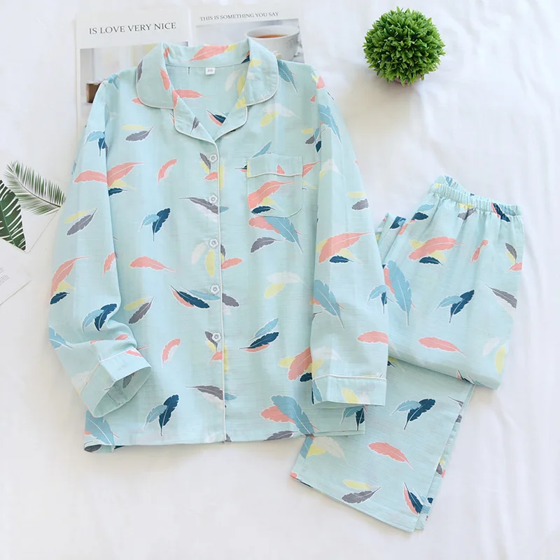 Spring Summer Cotton Pajamas Women's Autumn Long-Sleeved Outerwear New Women's Feather pattern Homewear Thin Cardigan Suit
Spring Summer Cotton Pajamas Women's Autumn Long-Sleeved Outerwear New Women's Feather pattern Homewear Thin Cardigan Suit