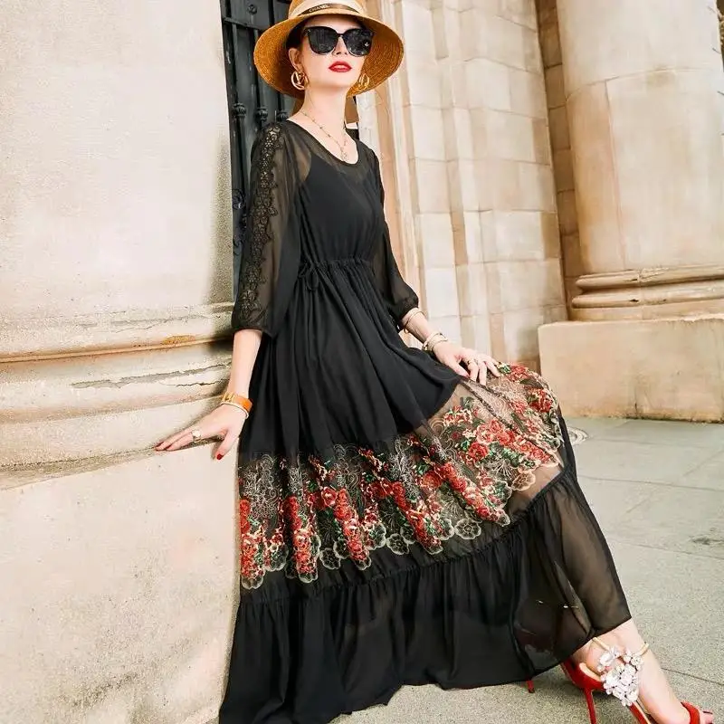 2020 New Summer Women Black Embroidery Sweet Holiday Beach Style Dress O-neck Long Elegant Dess for Female Vestidos Y14
2020 New Summer Women Black Embroidery Sweet Holiday Beach Style Dress O-neck Long Elegant Dess for Female Vestidos Y14