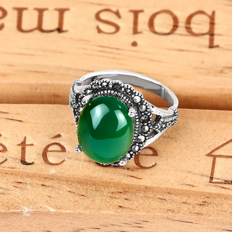 Green Agate 925 Silver Rings Vintage Wedding Engagement Sterling for Women Oval Adjustable Natural Stone Ring | Украшения и