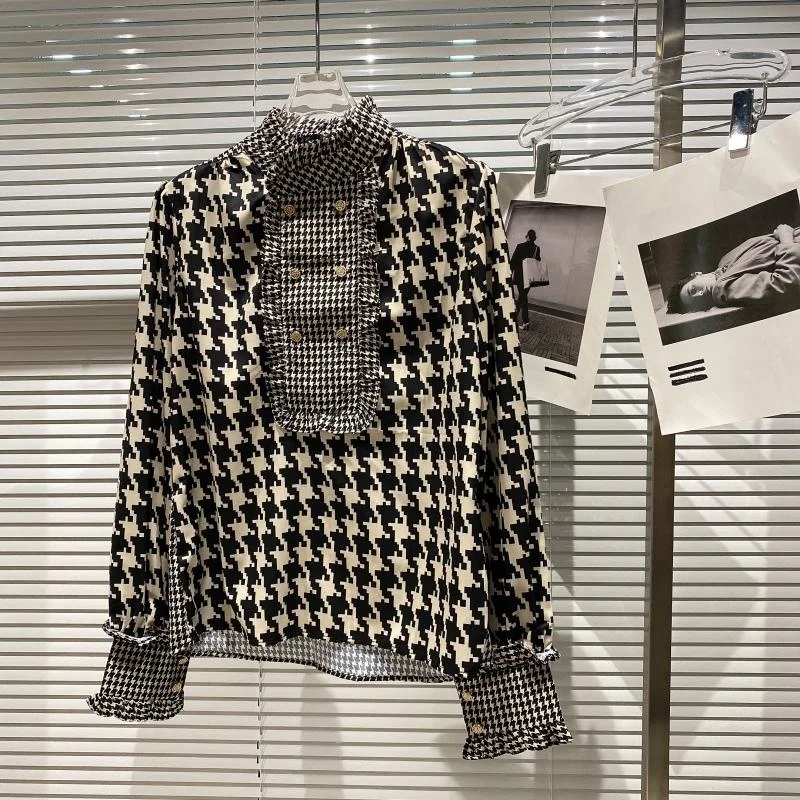 Lace Collar Thousand Bird Check Metal Button Thin Shirt 2021 Autumn New Tops
Lace Collar Thousand Bird Check Metal Button Thin Shirt 2021 Autumn New Tops