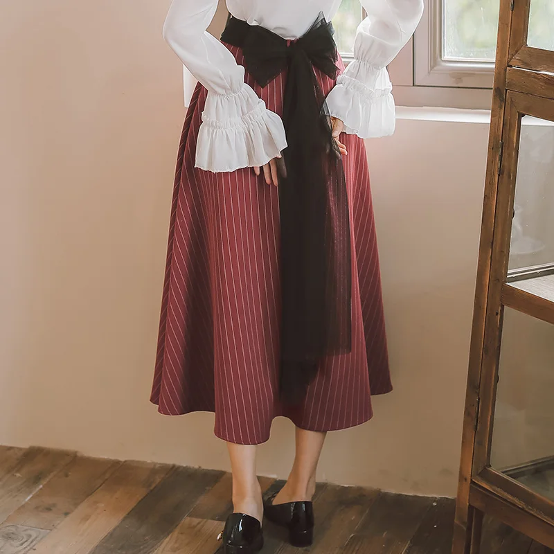 Korean Fashion Women Skirts Woman High Waist Harajuku Skirt Elegant Lace Belt Midi Striped Long Womens | Женская одежда