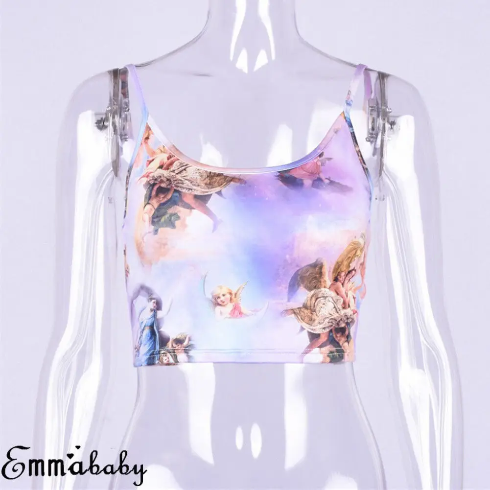 

Summer Sexy Crop Tops Women Angel Printed Strappy Tube Vest Bras Tank Top Backless Bandeau Shirt Stretch Camis