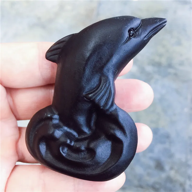 Натуральный камень черный обсидиан животных статуэтка ручной работы Дельфин