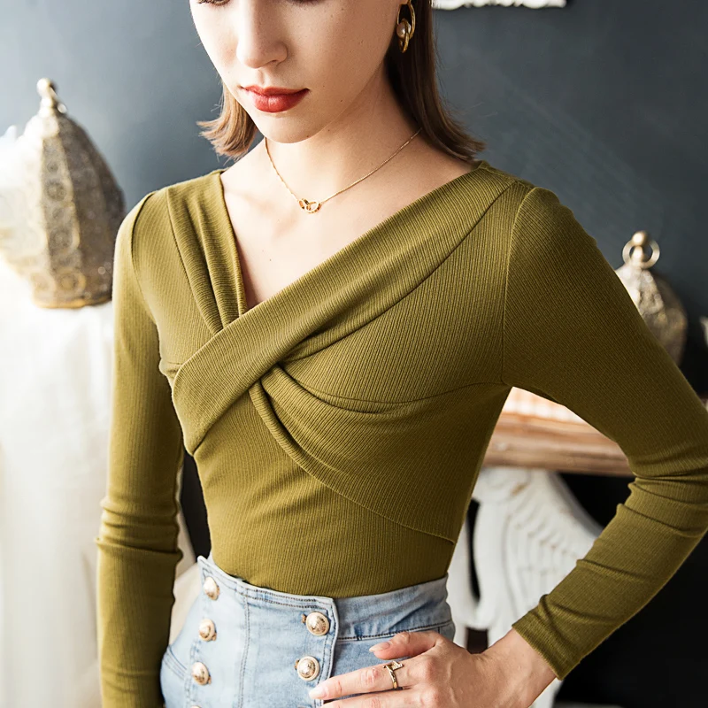 Twisted V-neck Long Sleeve 2021 Autumn Winter Bottoming Tshirt Women's Sexy Fashion T Shirts Femme Tops Tees
Twisted V-neck Long Sleeve 2021 Autumn Winter Bottoming Tshirt Women's Sexy Fashion T Shirts Femme Tops Tees