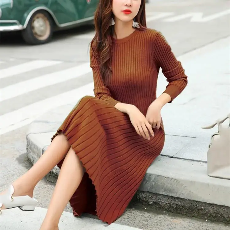 Women Korean Long Sleeve Sweater Dress Fashion Pleated Midi Knit Dresses Solid Plus Size Bodycon | Женская одежда