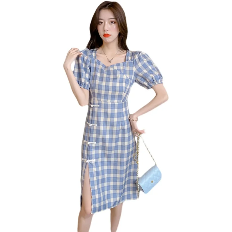 COIGARSAM 4XL Plus Size Cheongsam Plaid Women dress New Summer Square Collar Dresses 2562
COIGARSAM 4XL Plus Size Cheongsam Plaid Women dress New Summer Square Collar Dresses 2562