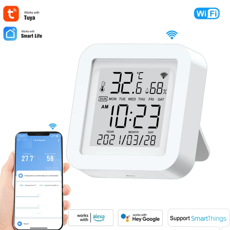 Tuya WIFI Temperature And Humidity Sensor Indoor Hygrometer Thermometer With LCD Display Support Alexa Google Assistant
Tuya WIFI Temperature And Humidity Sensor Indoor Hygrometer Thermometer With LCD Display Support Alexa Google Assistant
