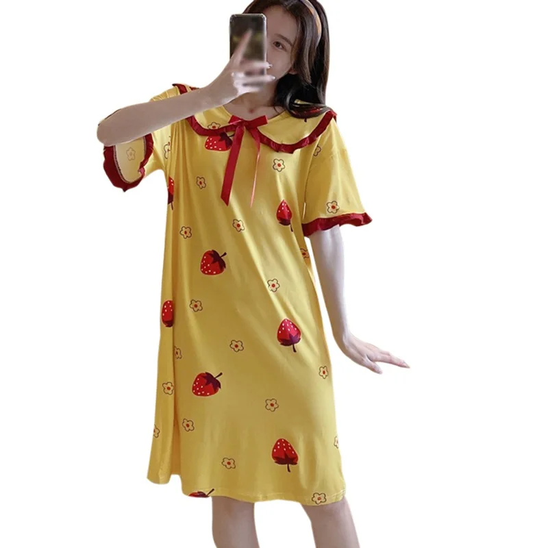 Summer Women's Sleepwear Korean Style Casual Homewear Loungewear Cute Cartoon Print Doll Collar Mid-Length Nightdress Sleepshirt
Summer Women's Sleepwear Korean Style Casual Homewear Loungewear Cute Cartoon Print Doll Collar Mid-Length Nightdress Sleepshirt