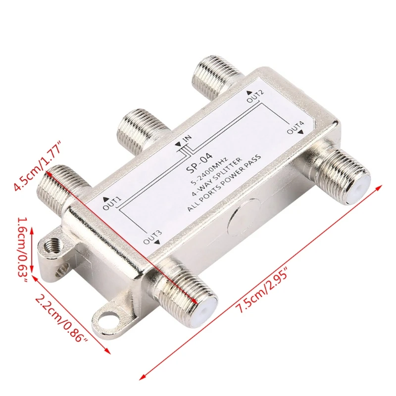 5-2400MHz 4 Way HD Digital Coax Cable Splitter 4 Channel Satellite/Antenna TV Signal Distributor Receiver for SATV/CATV
5-2400MHz 4 Way HD Digital Coax Cable Splitter 4 Channel Satellite/Antenna TV Signal Distributor Receiver for SATV/CATV