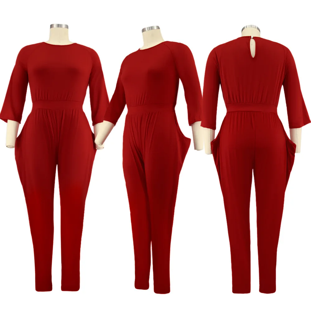 Fashion Solid Plus Size Women Jumpsuits Half Sleeve Scoop Neck Female Skinny Waist Pockets Pencil Pants Rompers Real Pictures 
Fashion Solid Plus Size Women Jumpsuits Half Sleeve Scoop Neck Female Skinny Waist Pockets Pencil Pants Rompers Real Pictures