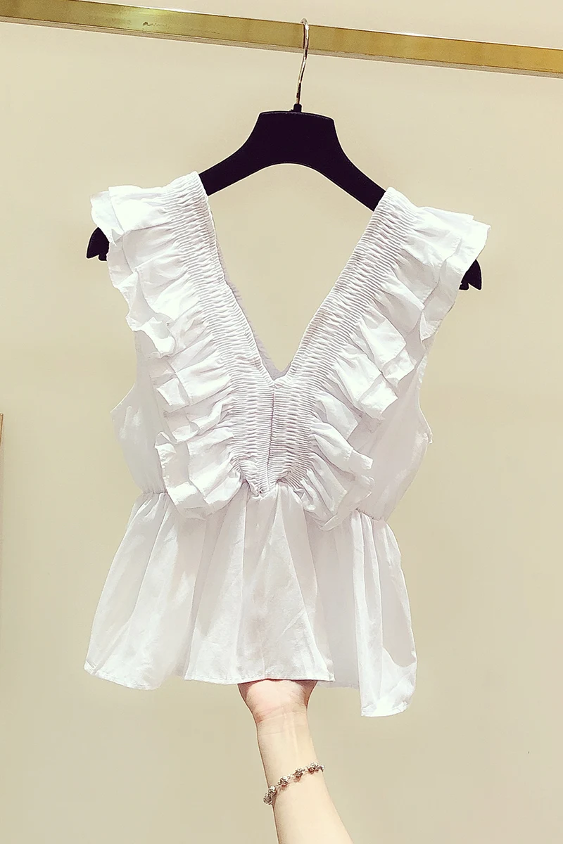 Women Summer White Sleeveless Shirt 2021 New Elegant Ruffled V-neck Slim Waist Blouse Femme Solid Pullover Tops Blusas De Mujer
Women Summer White Sleeveless Shirt 2021 New Elegant Ruffled V-neck Slim Waist Blouse Femme Solid Pullover Tops Blusas De Mujer