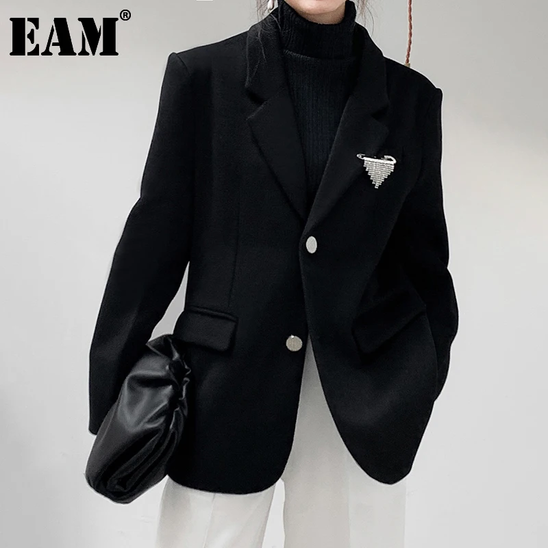 

Женский шерстяной Блейзер EAM, черный свободный пиджак с отложным воротником и длинным рукавом, Осень-зима 2022, 1DD2911, большие размеры