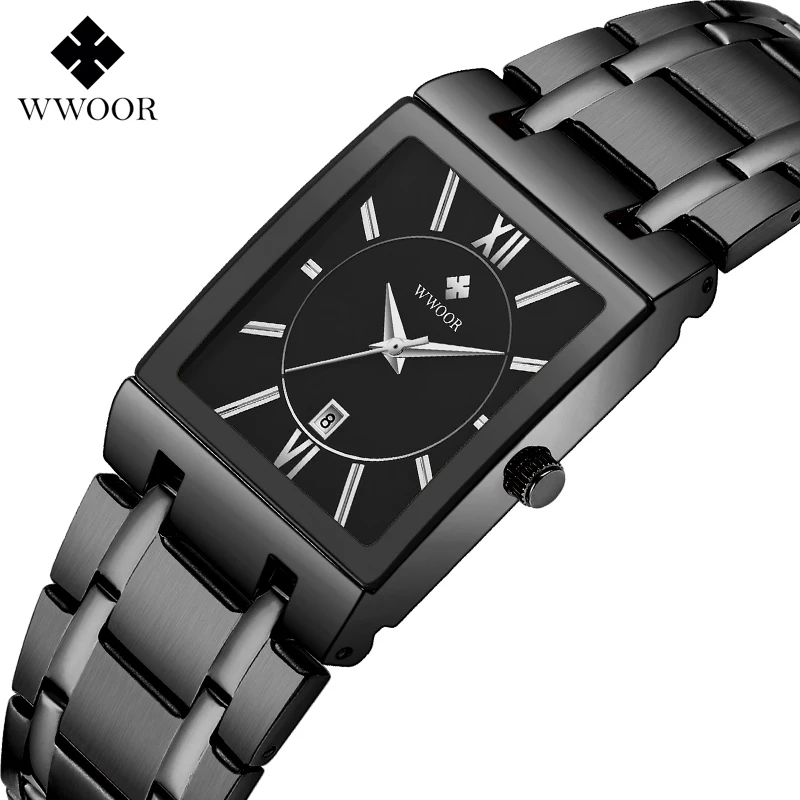 Fashion Full Black Watch Man 2021 WWOOR Top Brand Luxury Men's Quartz Wristwatches Square Waterproof Sport Business Reloj Hombre |