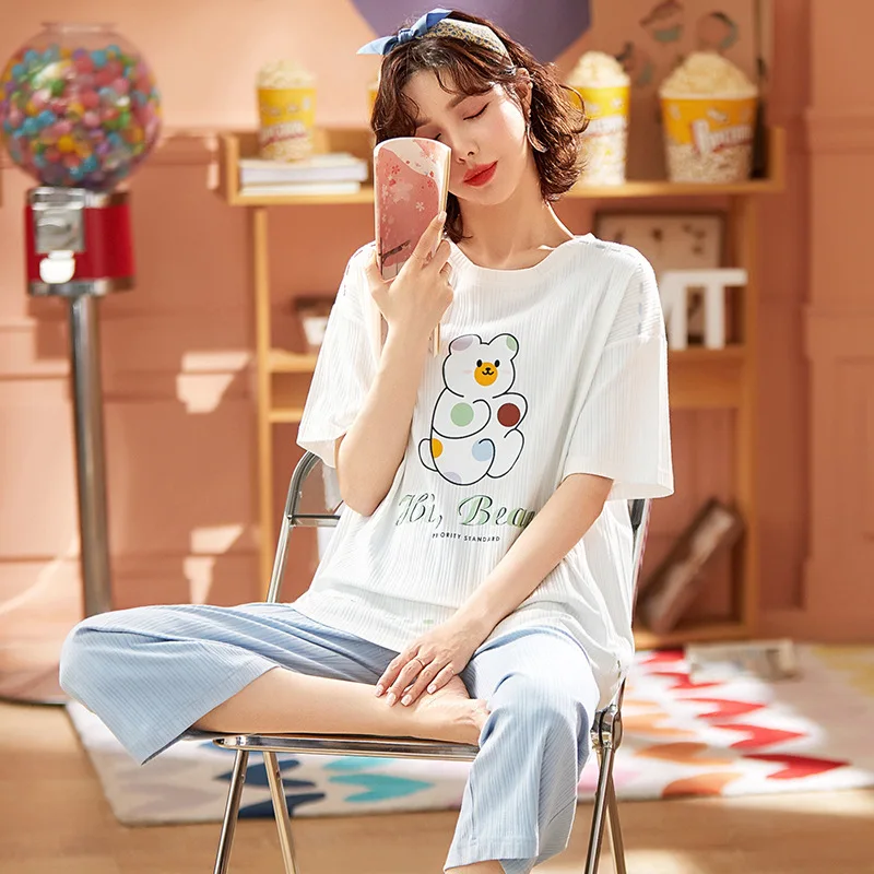 2021 new summer pajamas women's summer pajamas suit Korean Short Sleeve sweet lovely girls' home clothes 
2021 new summer pajamas women's summer pajamas suit Korean Short Sleeve sweet lovely girls' home clothes
