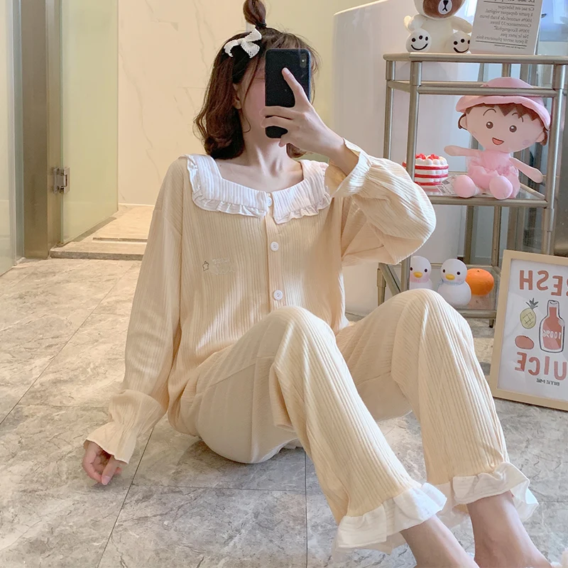 Harajpee Women Pajamas 2021 Spring Autumn Korea Sweet Temperament Ladies Long-Sleeved Cotton Beige Cute Princess Style Home Wear 
Harajpee Women Pajamas 2021 Spring Autumn Korea Sweet Temperament Ladies Long-Sleeved Cotton Beige Cute Princess Style Home Wear