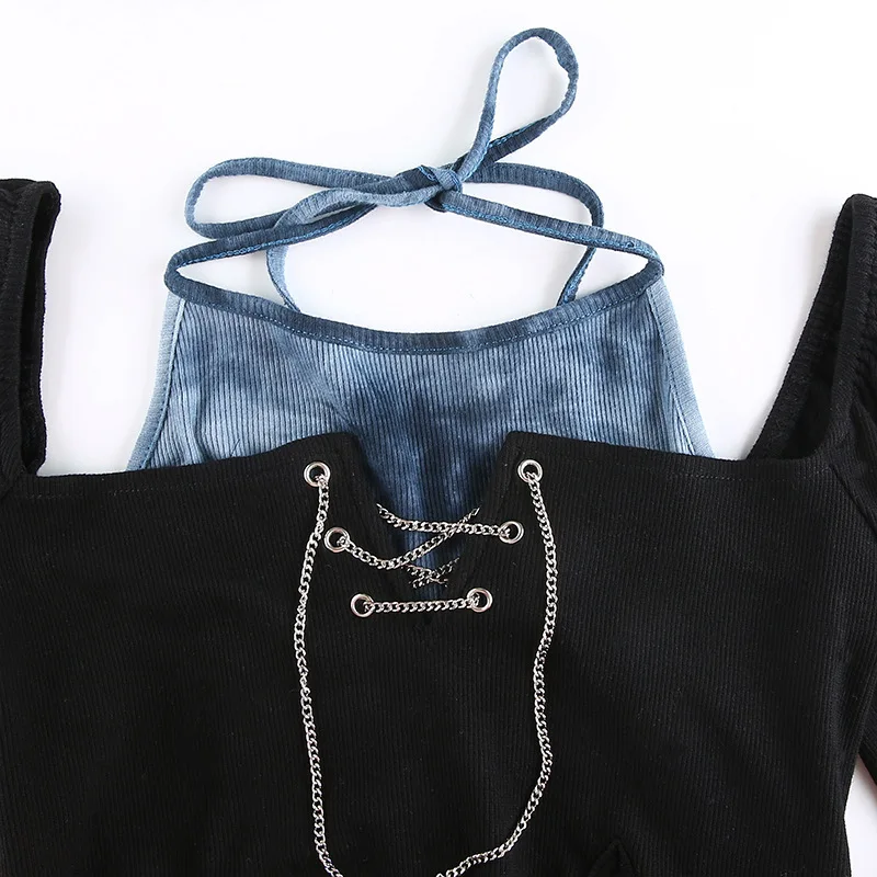 Gothic Tie Dye Fashion T-shirt Lady Top Chains Patchwork Halter Long Sleeve Casual Sexy Autumn Women Tee Shirt Chic Crop Top
Gothic Tie Dye Fashion T-shirt Lady Top Chains Patchwork Halter Long Sleeve Casual Sexy Autumn Women Tee Shirt Chic Crop Top