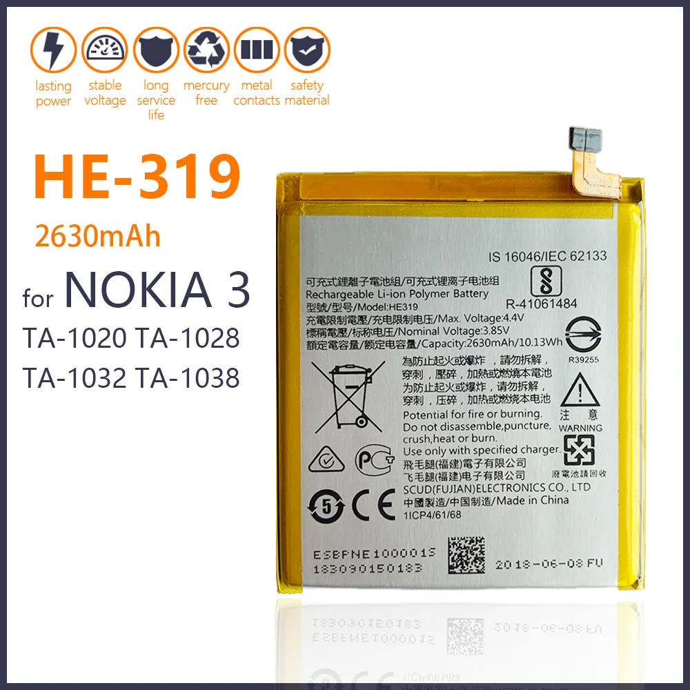 New 100% Real 2630mAh HE319 HE-319 Phone For Nokia 3 TA-1020 1028 1032 1038 Smart Phone High quality Battery
New 100% Real 2630mAh HE319 HE-319 Phone For Nokia 3 TA-1020 1028 1032 1038 Smart Phone High quality Battery