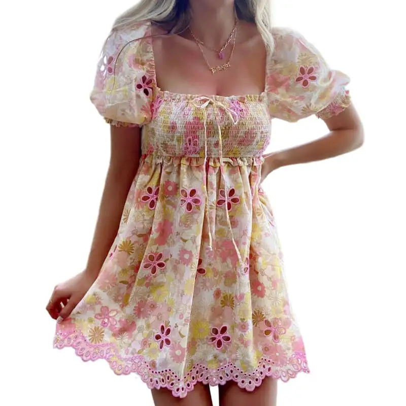 Sweet Women Puff Sleeve Floral Embroidery Mini Dress Ladies Sexy Waist Hollow Out Ruched Holiday Party Dresses Summer Vestido
Sweet Women Puff Sleeve Floral Embroidery Mini Dress Ladies Sexy Waist Hollow Out Ruched Holiday Party Dresses Summer Vestido