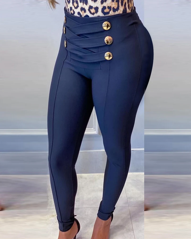 Casual Solid Pants Ladies Summer Elastic Waist Buttons Full Length Skinny Pencil Pants
Casual Solid Pants Ladies Summer Elastic Waist Buttons Full Length Skinny Pencil Pants