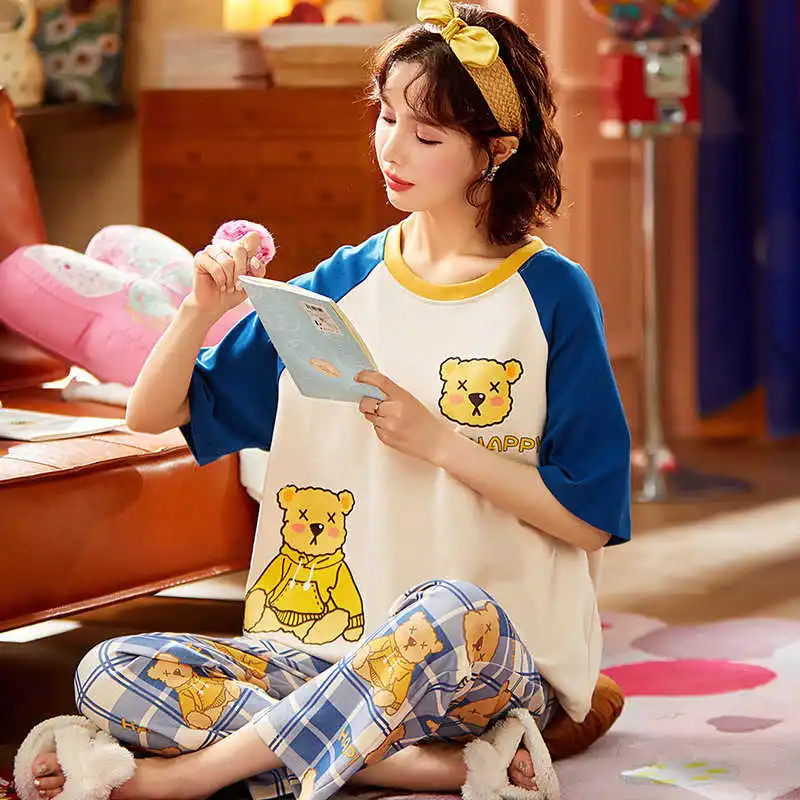Summer Short Sleeve Trousers Cotton Pajamas Women's Knitting Cotton Sweet Loose Fitting Home Suit Can Be Worn Out home clothing
Summer Short Sleeve Trousers Cotton Pajamas Women's Knitting Cotton Sweet Loose Fitting Home Suit Can Be Worn Out home clothing