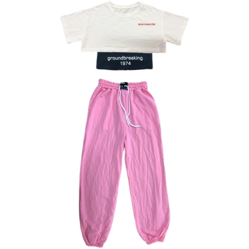 New Girls Hip Hop Three-Piece Suit Costume Children Loose Summer Short-Sleeved Pink Trousers Performance Costume WD0132
New Girls Hip Hop Three-Piece Suit Costume Children Loose Summer Short-Sleeved Pink Trousers Performance Costume WD0132