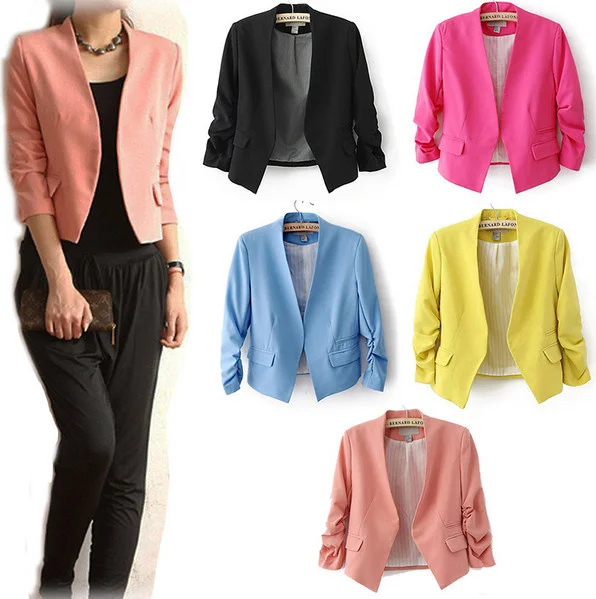 Women's short jacket, basic solid color short jacket, elegant, fashionable, buttonless, with pocket, 3 / 4
Women's short jacket, basic solid color short jacket, elegant, fashionable, buttonless, with pocket, 3 / 4