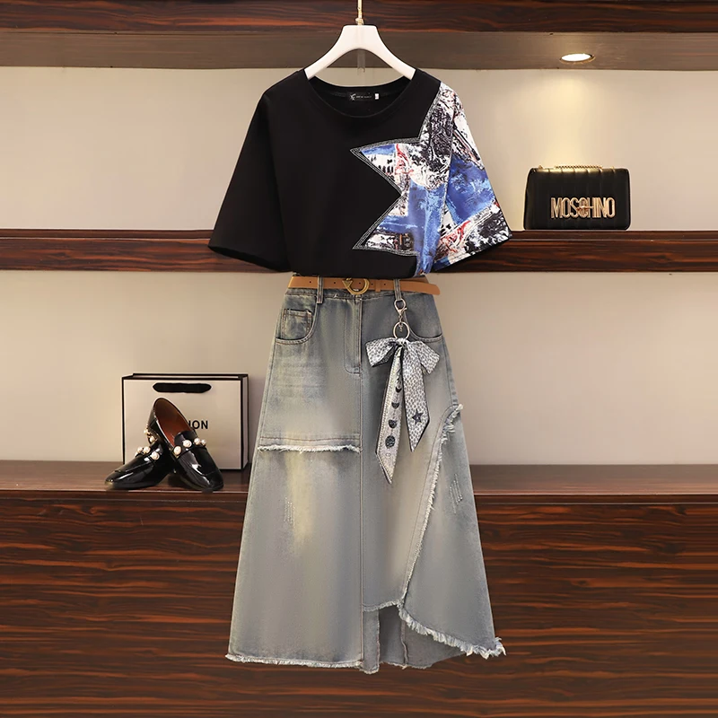 High Quality Summer Skirt Suits Women Black diamonds O Neck T-shirt + Denims irregular Tassel Skirts Set Casual clothing sets
High Quality Summer Skirt Suits Women Black diamonds O Neck T-shirt + Denims irregular Tassel Skirts Set Casual clothing sets