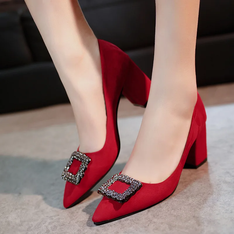 Women Pumps High heels Lady Suede leather Crystal Square Buckle Thick with Autumn Pointed Single Shoes Wedding Female Sandals
Women Pumps High heels Lady Suede leather Crystal Square Buckle Thick with Autumn Pointed Single Shoes Wedding Female Sandals