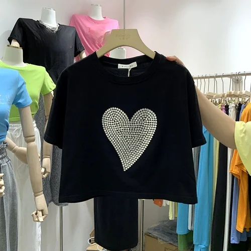Heart Shape with Diamond Short Sleeve T-shirt Women's Summer 2021 New Casual All-Match Cotton White Short Top Tee Shirts
Heart Shape with Diamond Short Sleeve T-shirt Women's Summer 2021 New Casual All-Match Cotton White Short Top Tee Shirts