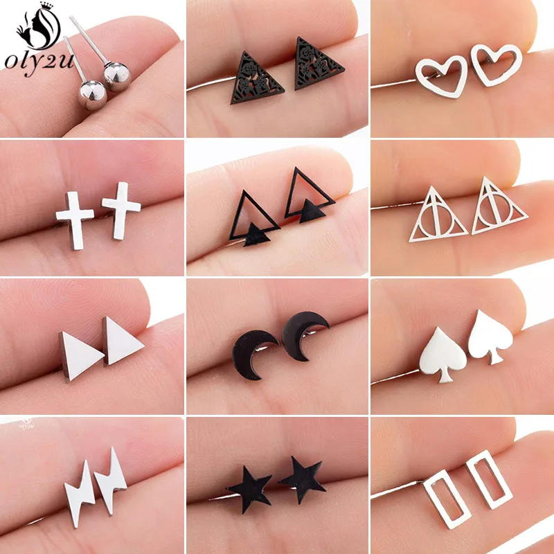 

Multiple Black Stainless Steel Earrings Geometric Women Punk Triangle Lightning Earings Deathly Hallows Studs Piercing Jewelry