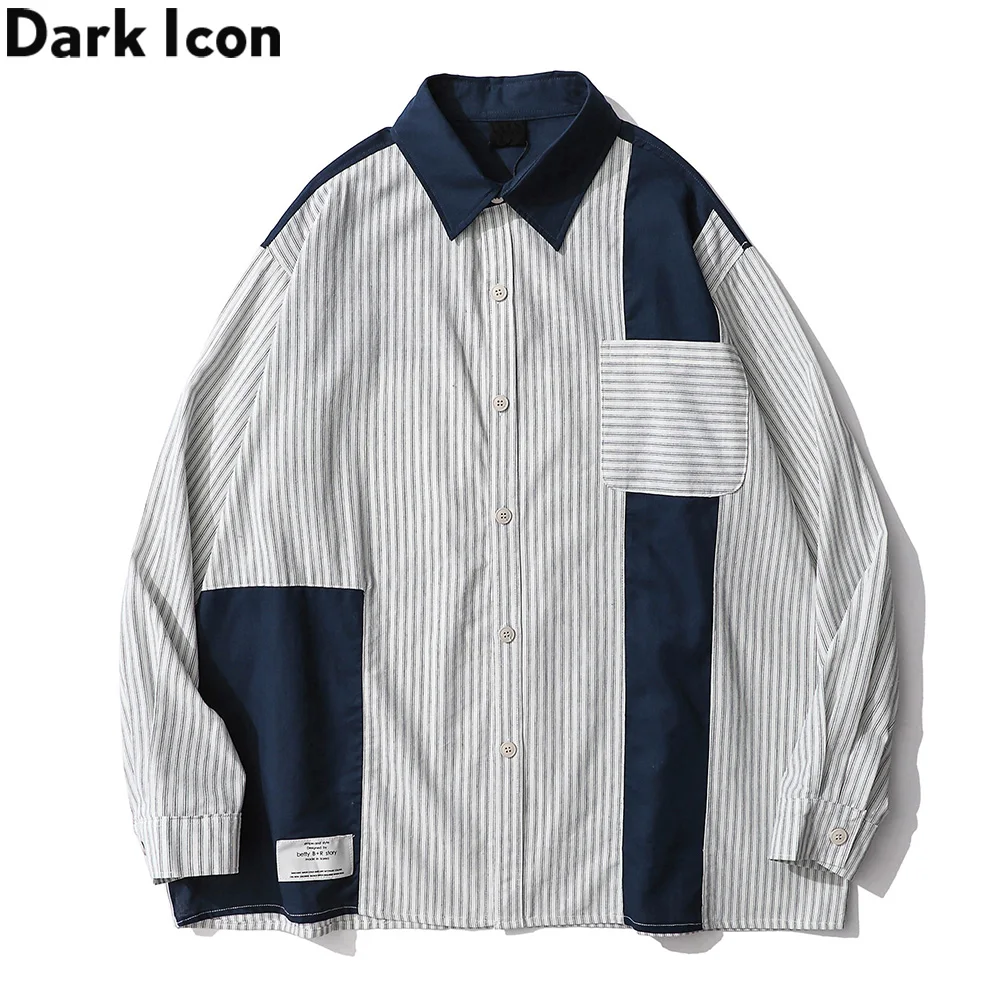 

Dark Icon Stripe Patchwork Oversized Men's Shirt Jacket Outerwear Street Fashion Jackets Man for Autumn and Spring