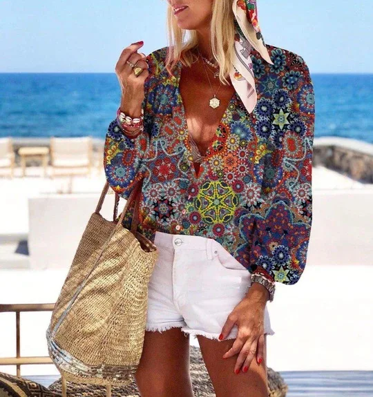 loose women blouse 2022 summer V-neck printed women blouse tops fashion casual five-point sleeve women shirts 
loose women blouse 2022 summer V-neck printed women blouse tops fashion casual five-point sleeve women shirts