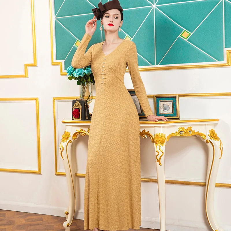 2021 Spring Autumn Women Dress Office Lady V-neck Dresses Buttons Yellow Long Dress Sweater Dress DZ1384
2021 Spring Autumn Women Dress Office Lady V-neck Dresses Buttons Yellow Long Dress Sweater Dress DZ1384