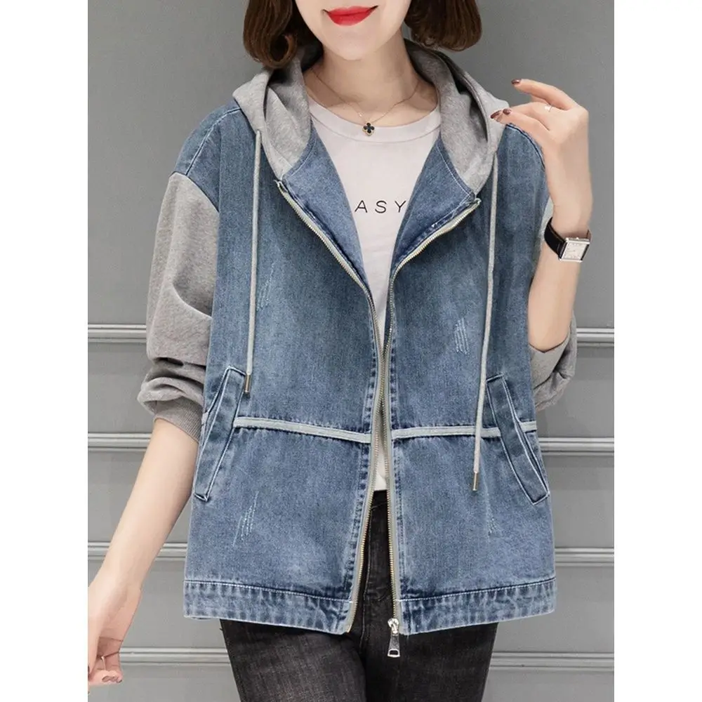 Hooded splicing Jeans Jacket Women's spring and autumn 2021 new loose Korean spring casual color matching top spring 
Hooded splicing Jeans Jacket Women's spring and autumn 2021 new loose Korean spring casual color matching top spring